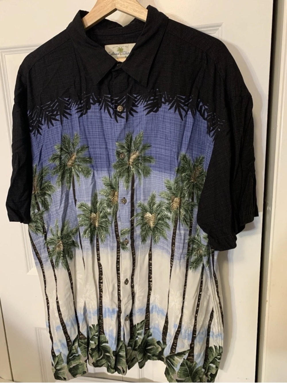 Island Shores Mens Sz XL Hawaiian‎ Aloha Button Shirt Palm Tree Black